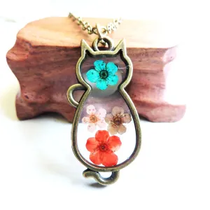 Multi-Colored Peach Blossom & 18K Gold-Plated Cat Pendant Necklace