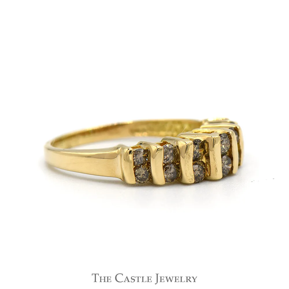 Multi Row Channel Set Cocoa Diamond Cluster Band in 10k Yellow Gold