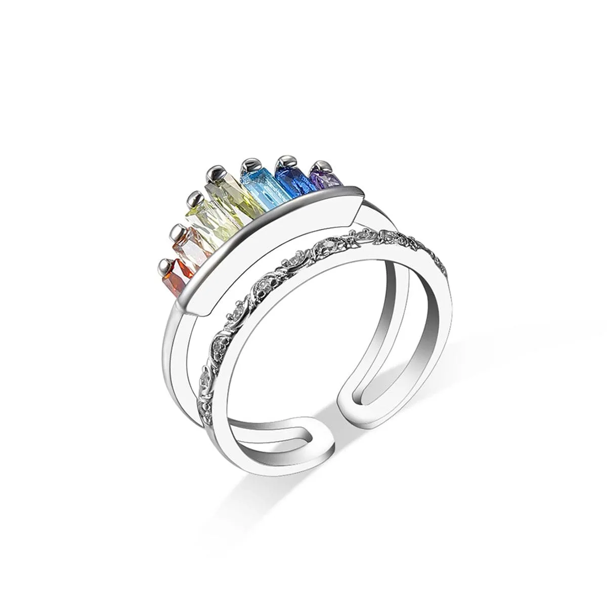 Multicolor Crystal & Silver-Plated Crown Open Ring