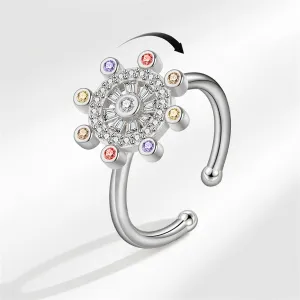 Multicolor Cubic Zirconia & Silver-Plated Rotating Rudder Open Ring