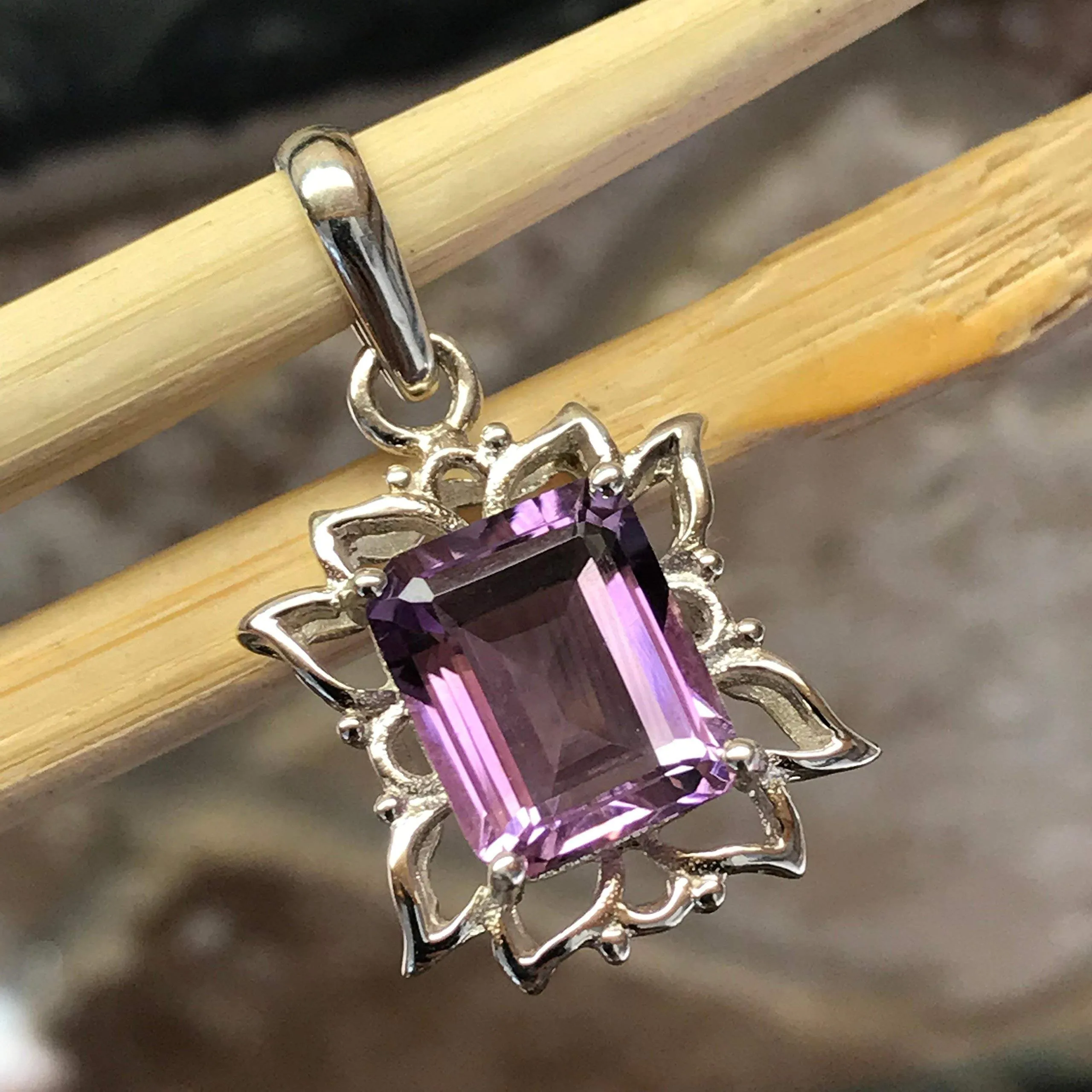 Natural 4ct Purple Amethyst 925 Solid Sterling Silver Pendant 28mm