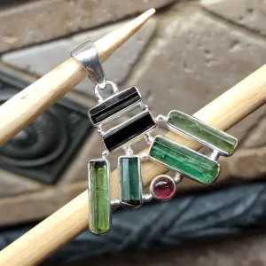 Natural Green Tourmaline, Rubellite Tourmaline 925 Solid Sterling Silver Pendant 40mm