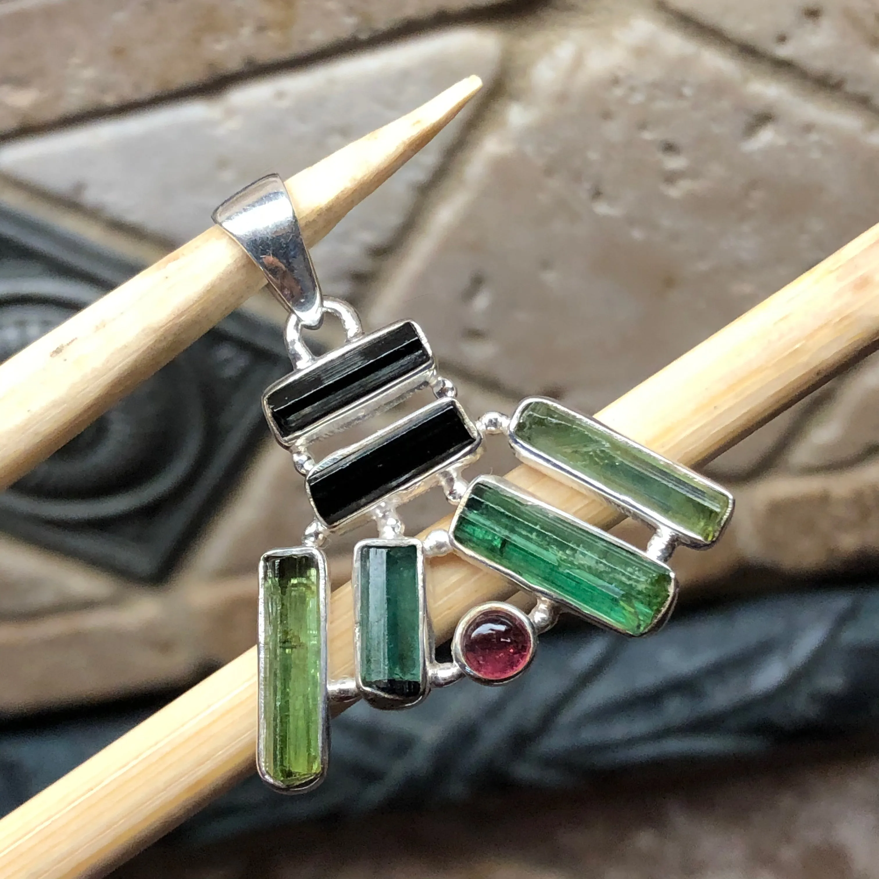 Natural Green Tourmaline, Rubellite Tourmaline 925 Solid Sterling Silver Pendant 40mm