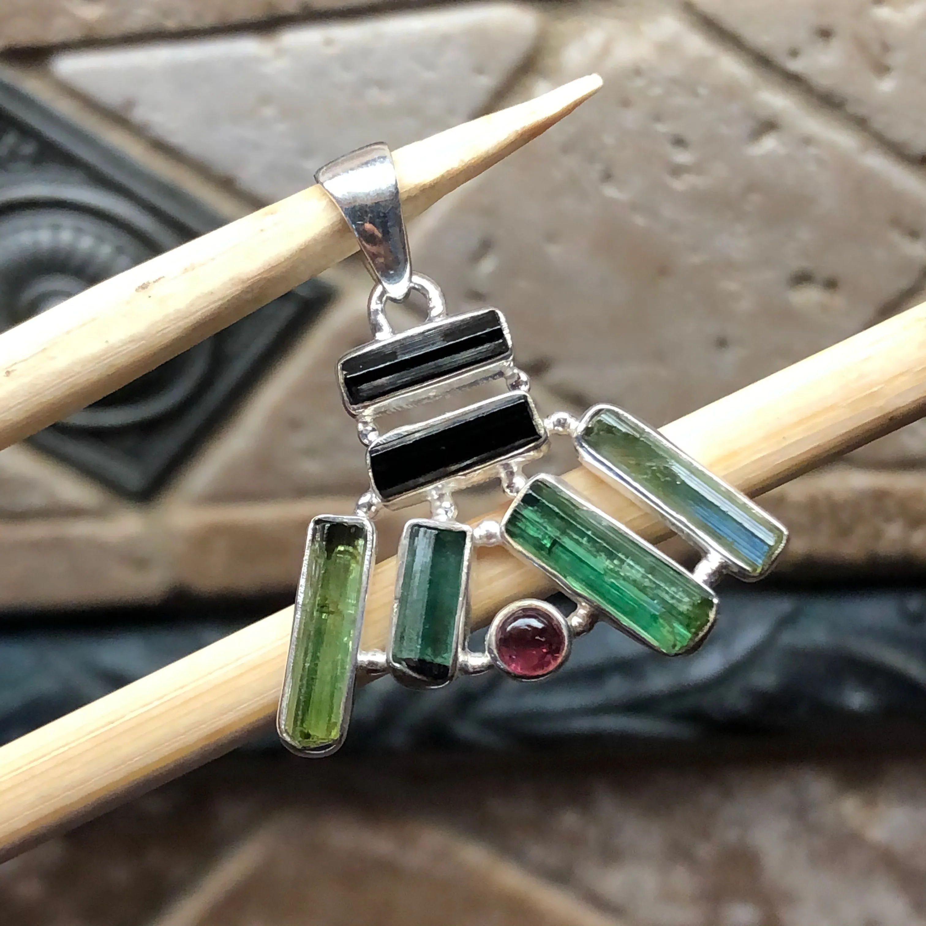 Natural Green Tourmaline, Rubellite Tourmaline 925 Solid Sterling Silver Pendant 40mm