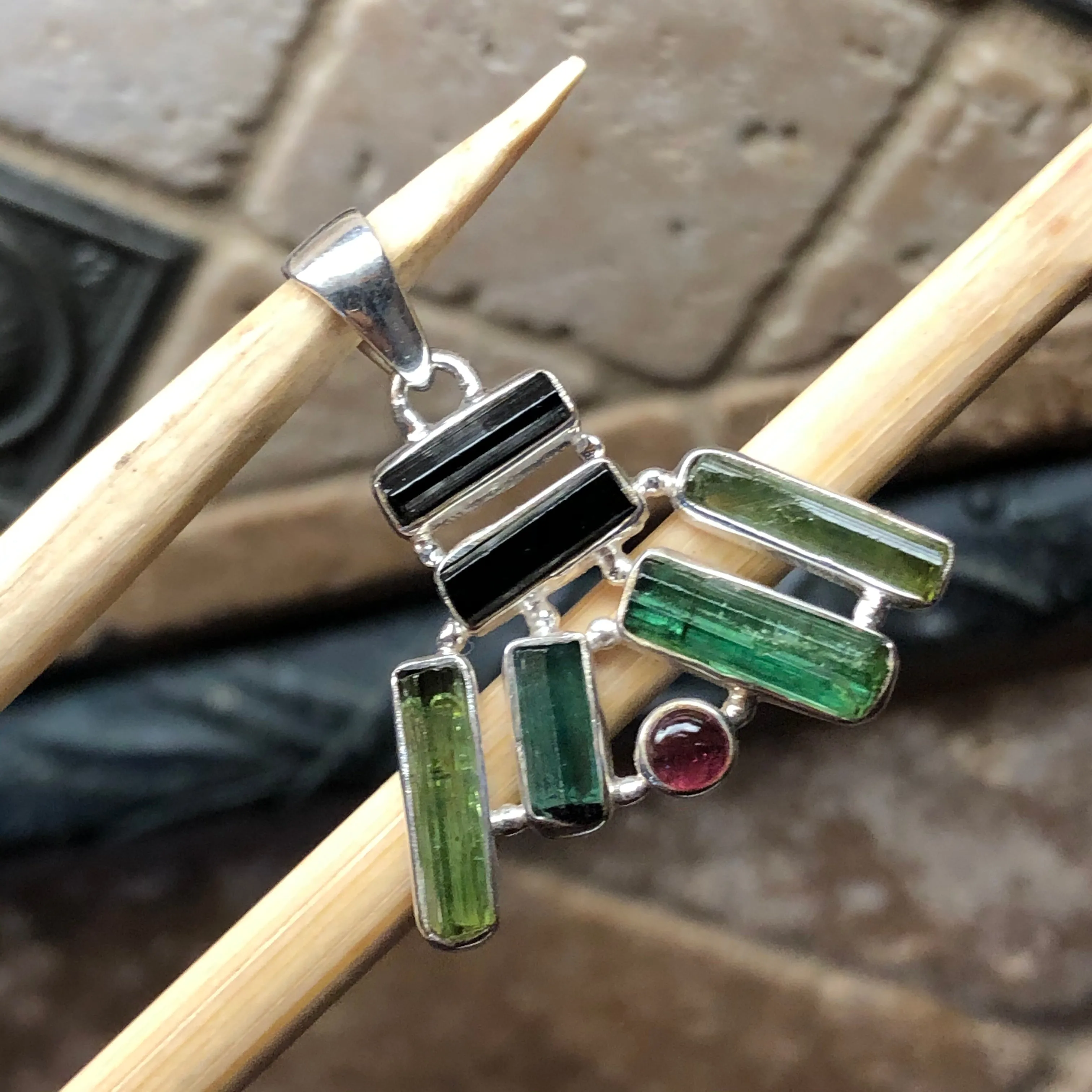 Natural Green Tourmaline, Rubellite Tourmaline 925 Solid Sterling Silver Pendant 40mm