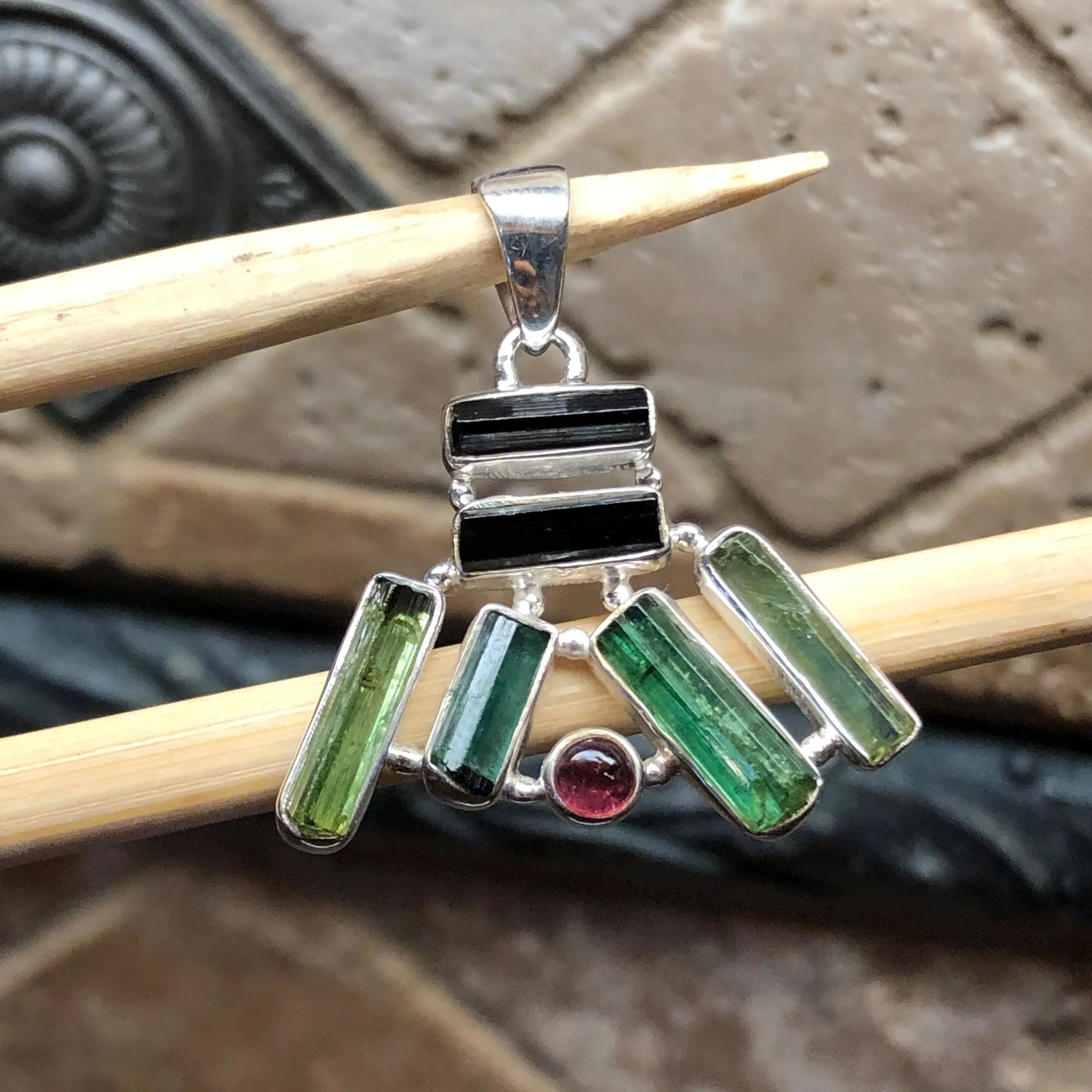 Natural Green Tourmaline, Rubellite Tourmaline 925 Solid Sterling Silver Pendant 40mm
