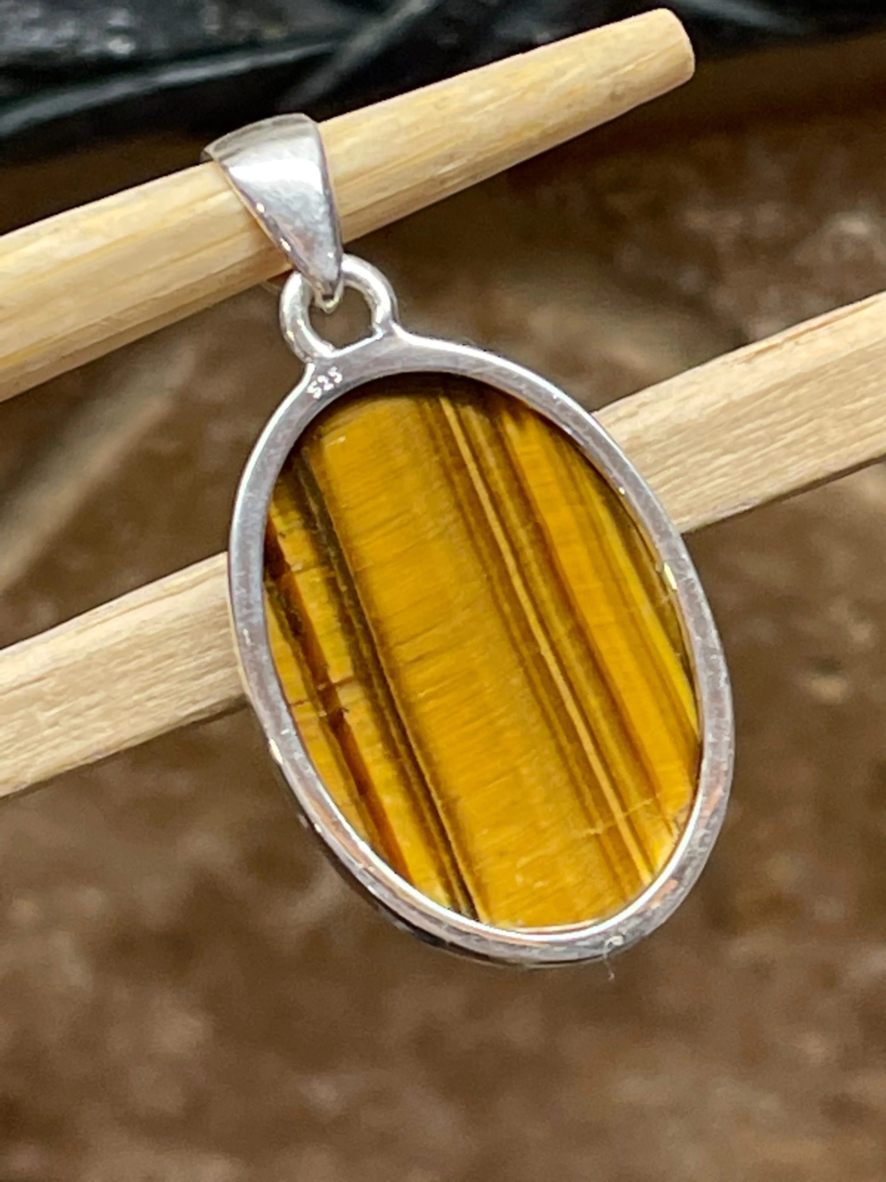 Natural Tiger's Eye 925 Solid Sterling Silver Pendant 35mm