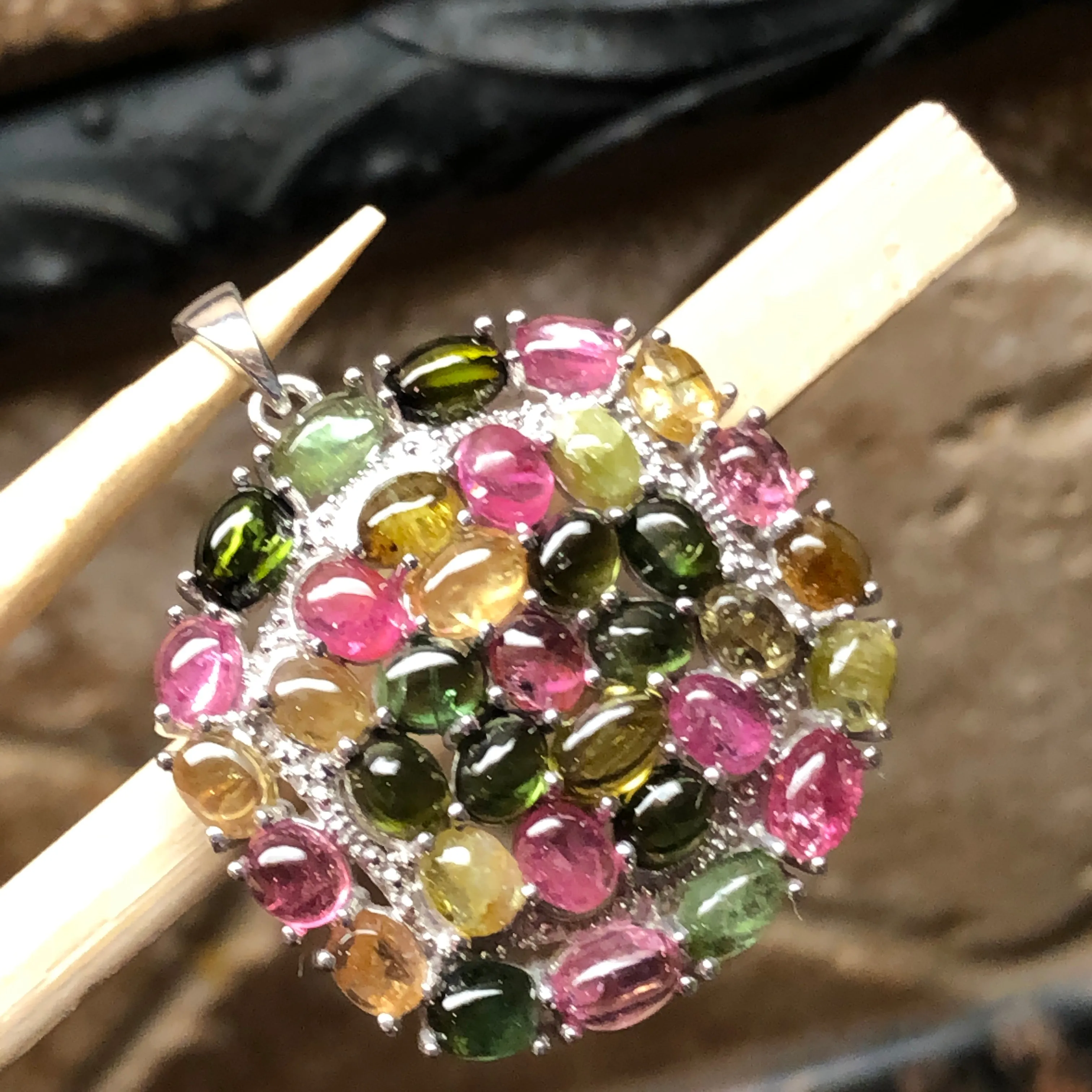 Natural Tourmaline 925 Solid Sterling Silver Pendant 35mm