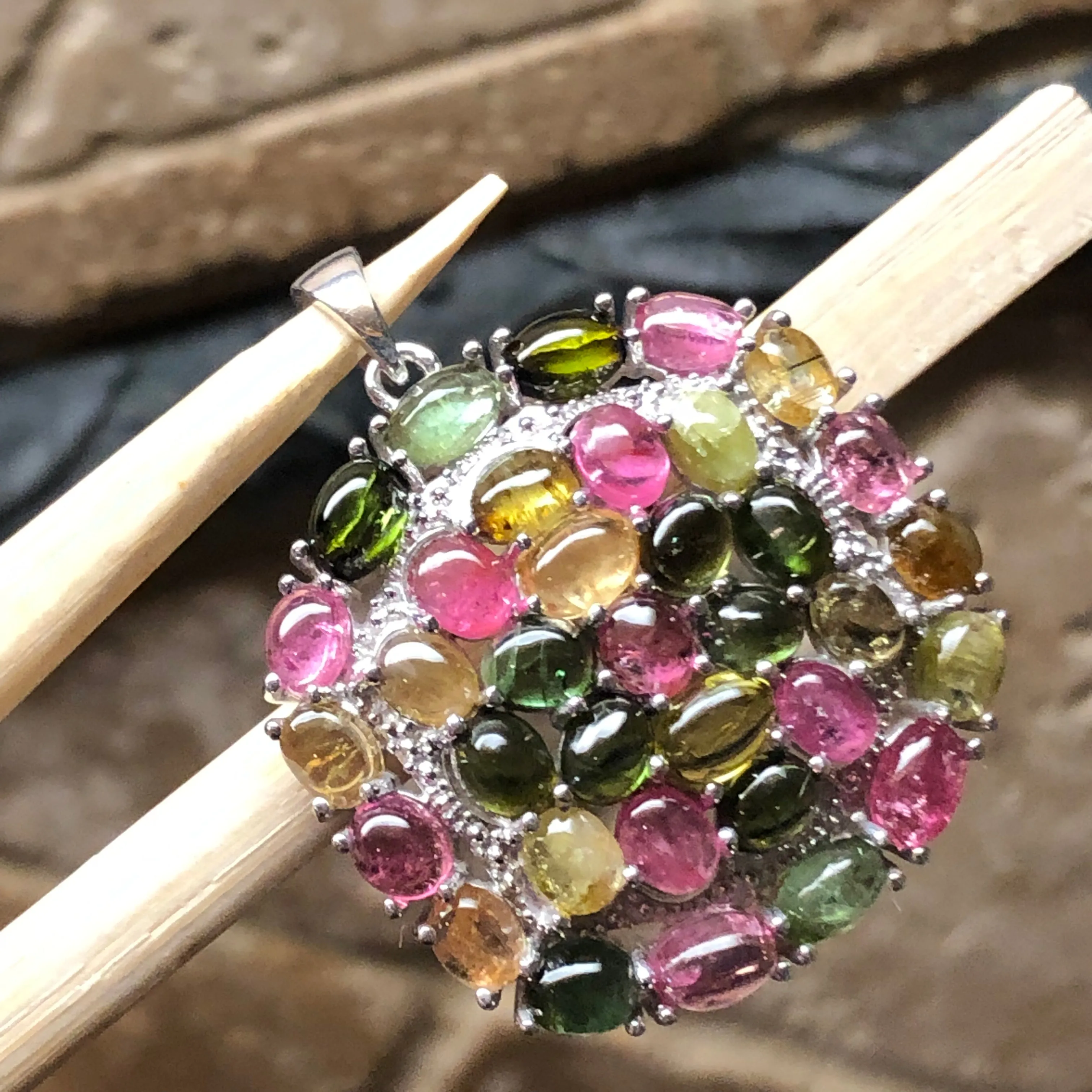 Natural Tourmaline 925 Solid Sterling Silver Pendant 35mm