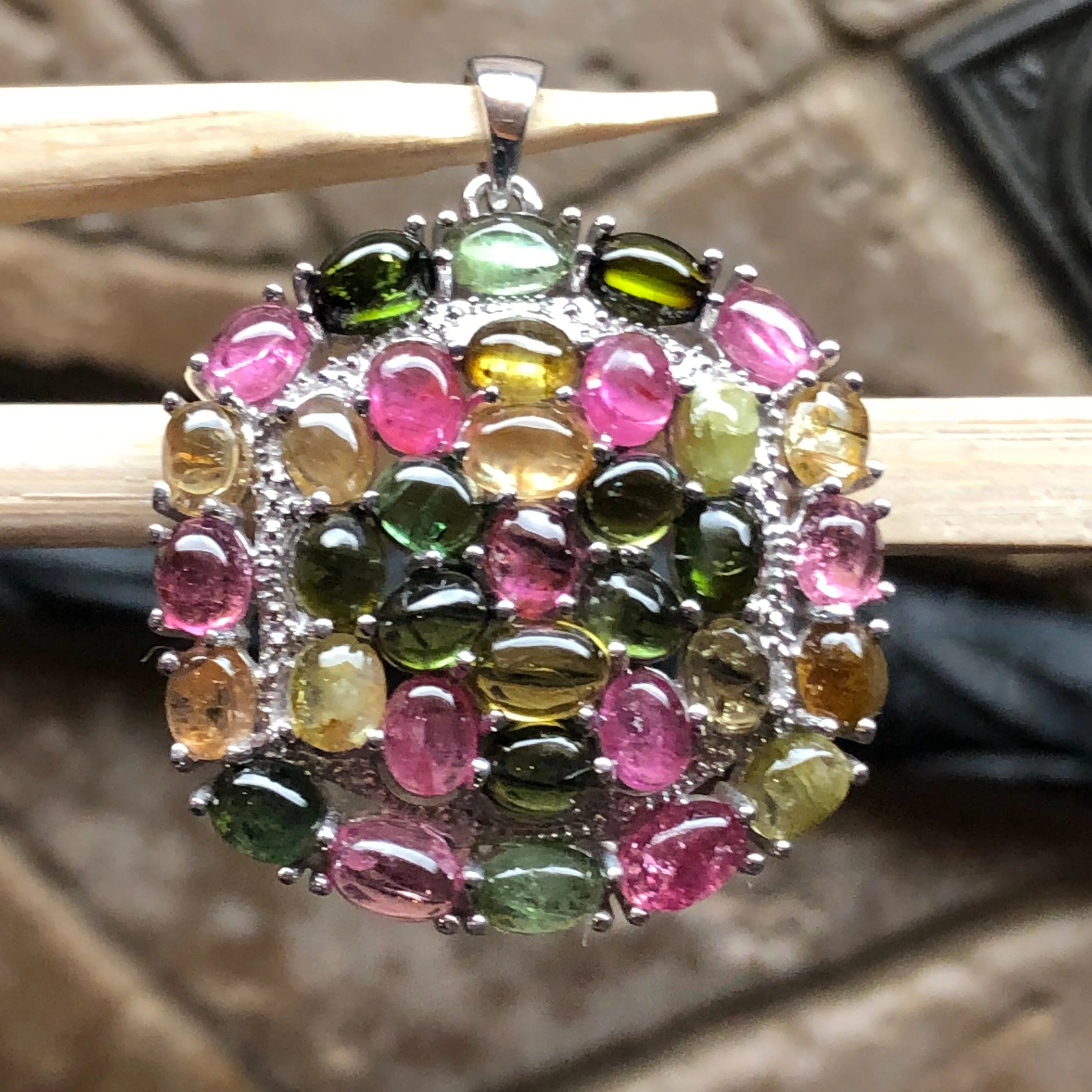 Natural Tourmaline 925 Solid Sterling Silver Pendant 35mm