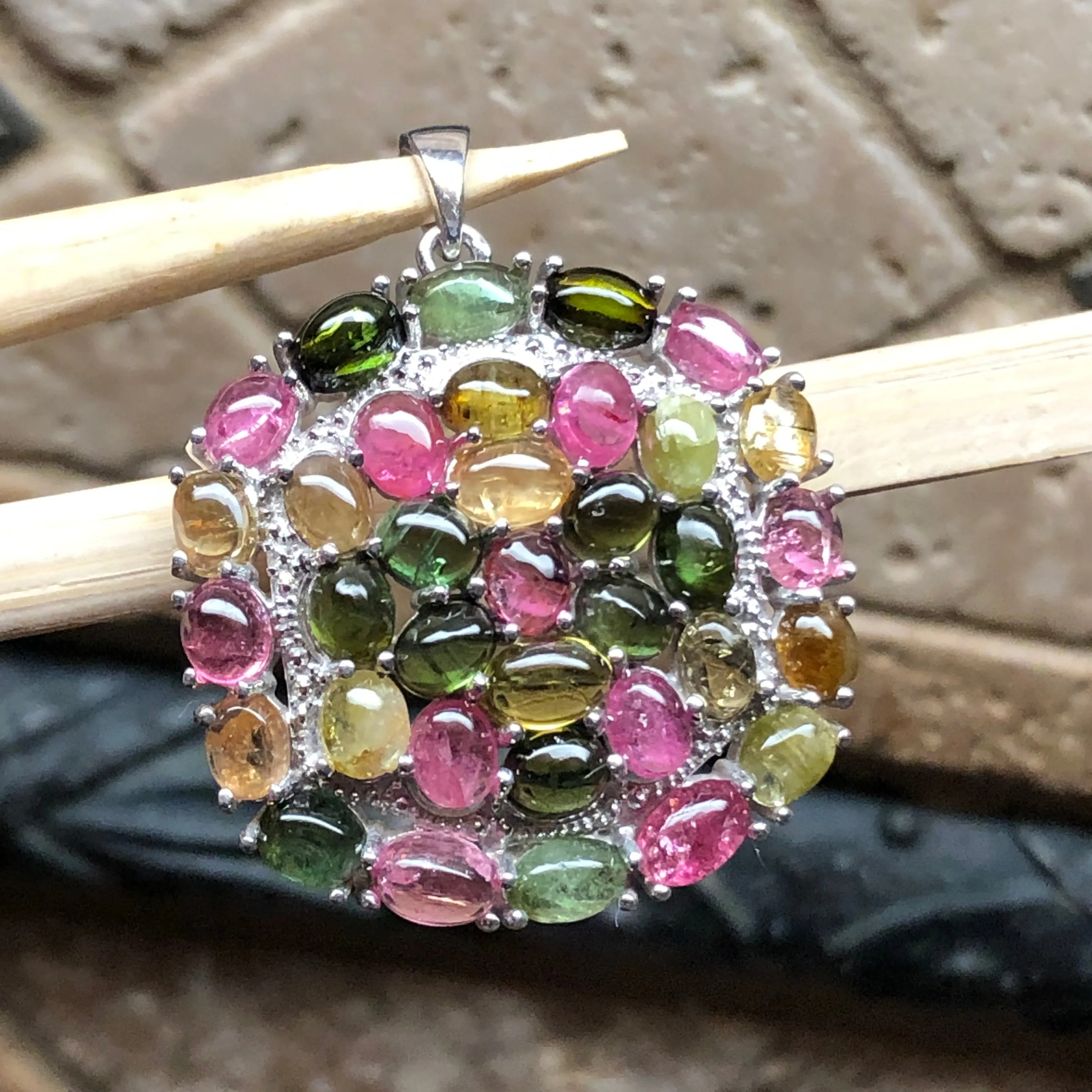 Natural Tourmaline 925 Solid Sterling Silver Pendant 35mm