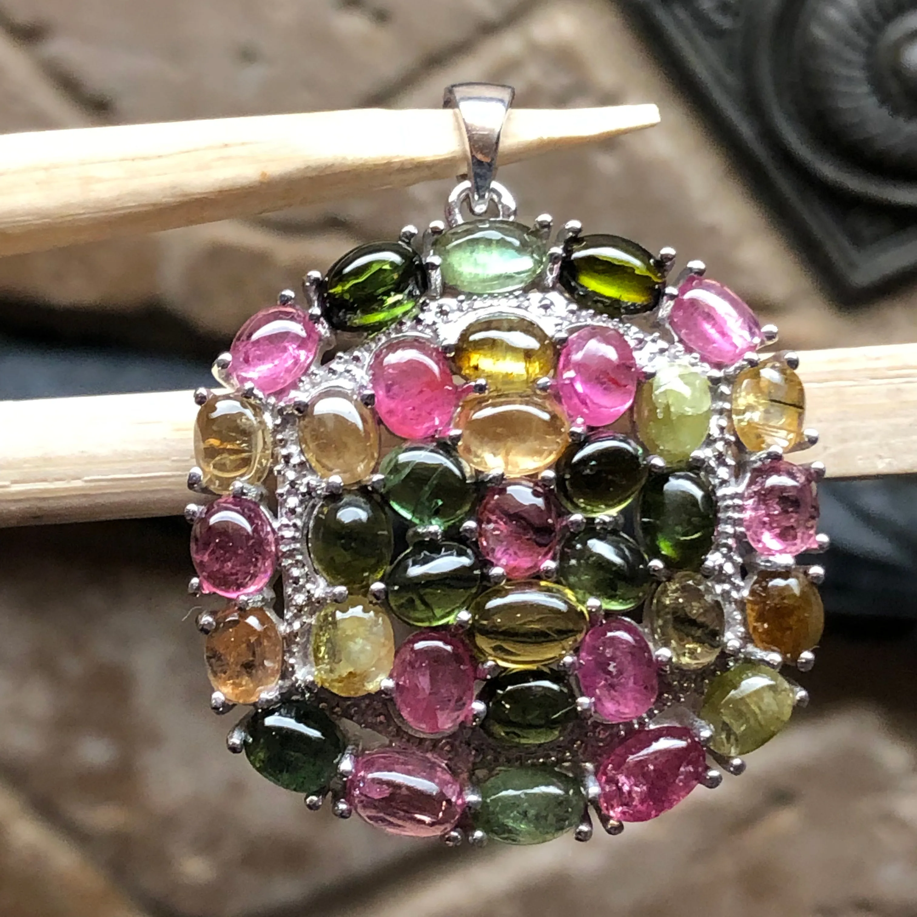 Natural Tourmaline 925 Solid Sterling Silver Pendant 35mm