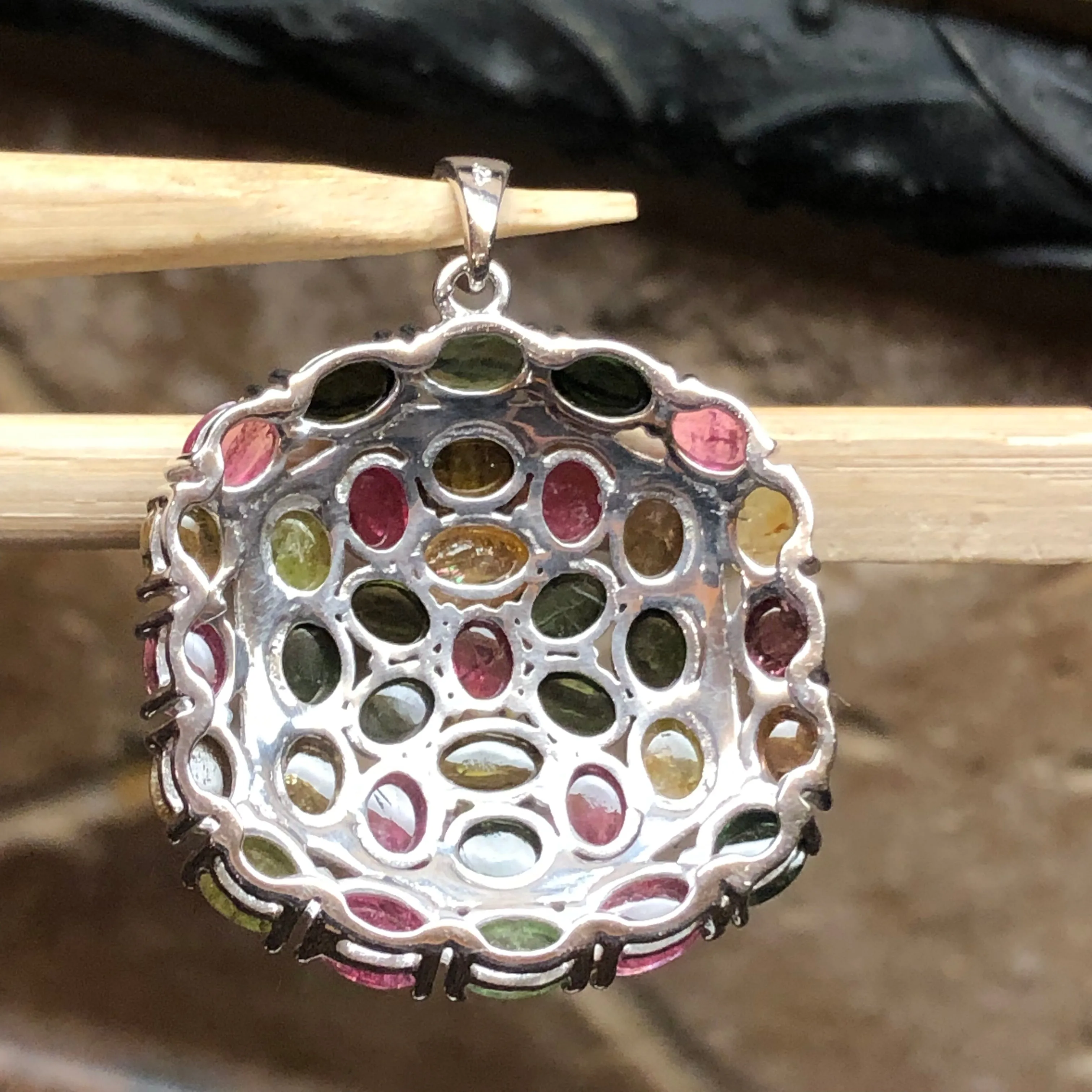 Natural Tourmaline 925 Solid Sterling Silver Pendant 35mm