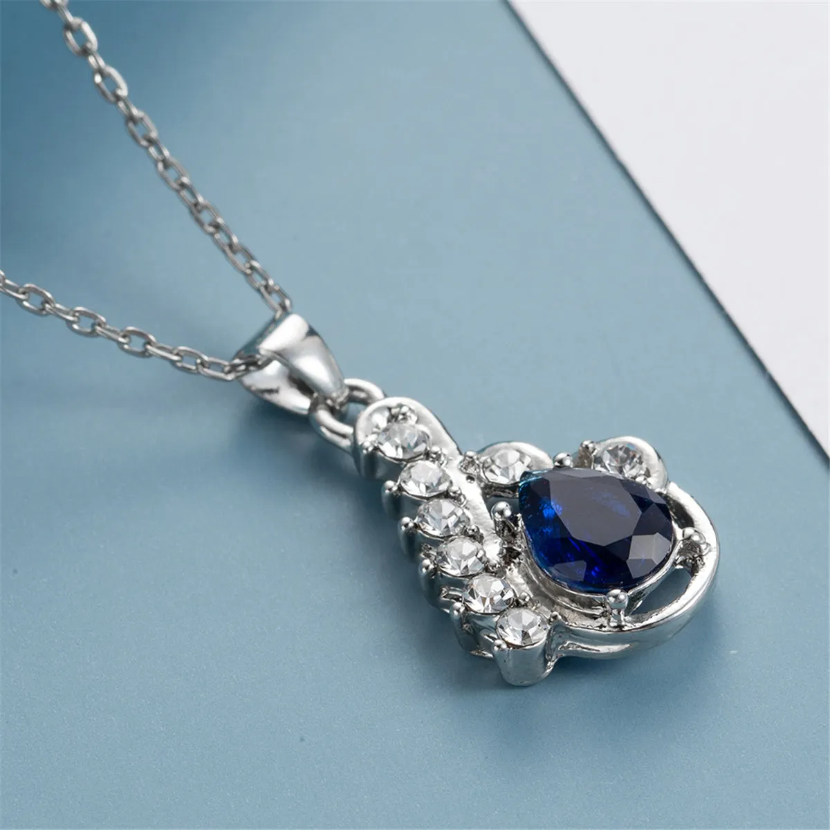 Navy Crystal & Cubic Zirconia Pear-Cut Pendant Necklace