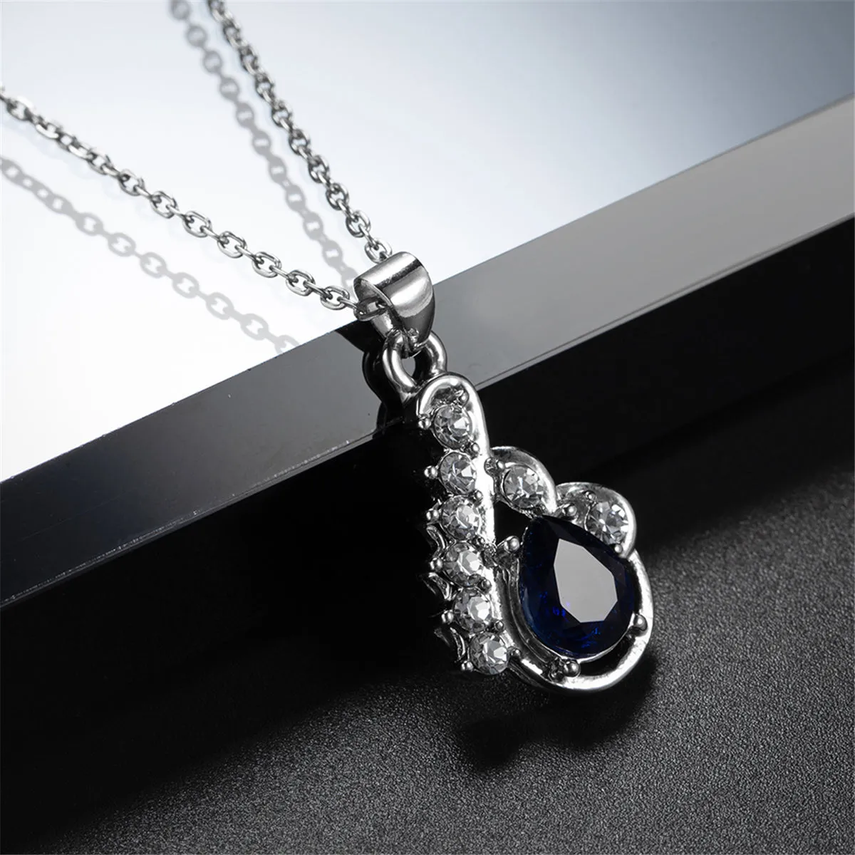 Navy Crystal & Cubic Zirconia Pear-Cut Pendant Necklace