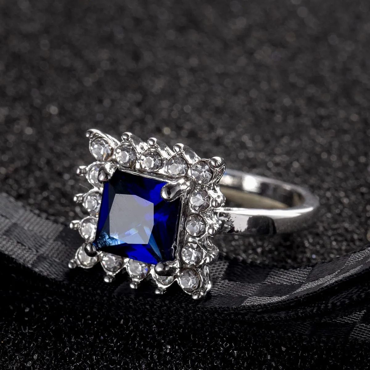 Navy Crystal & Cubic Zirconia Princess-Cut Ring