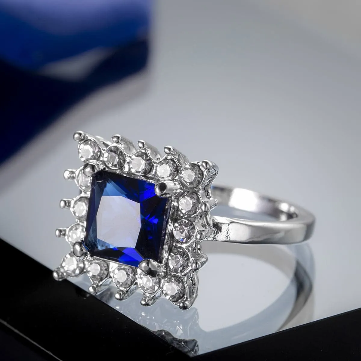 Navy Crystal & Cubic Zirconia Princess-Cut Ring