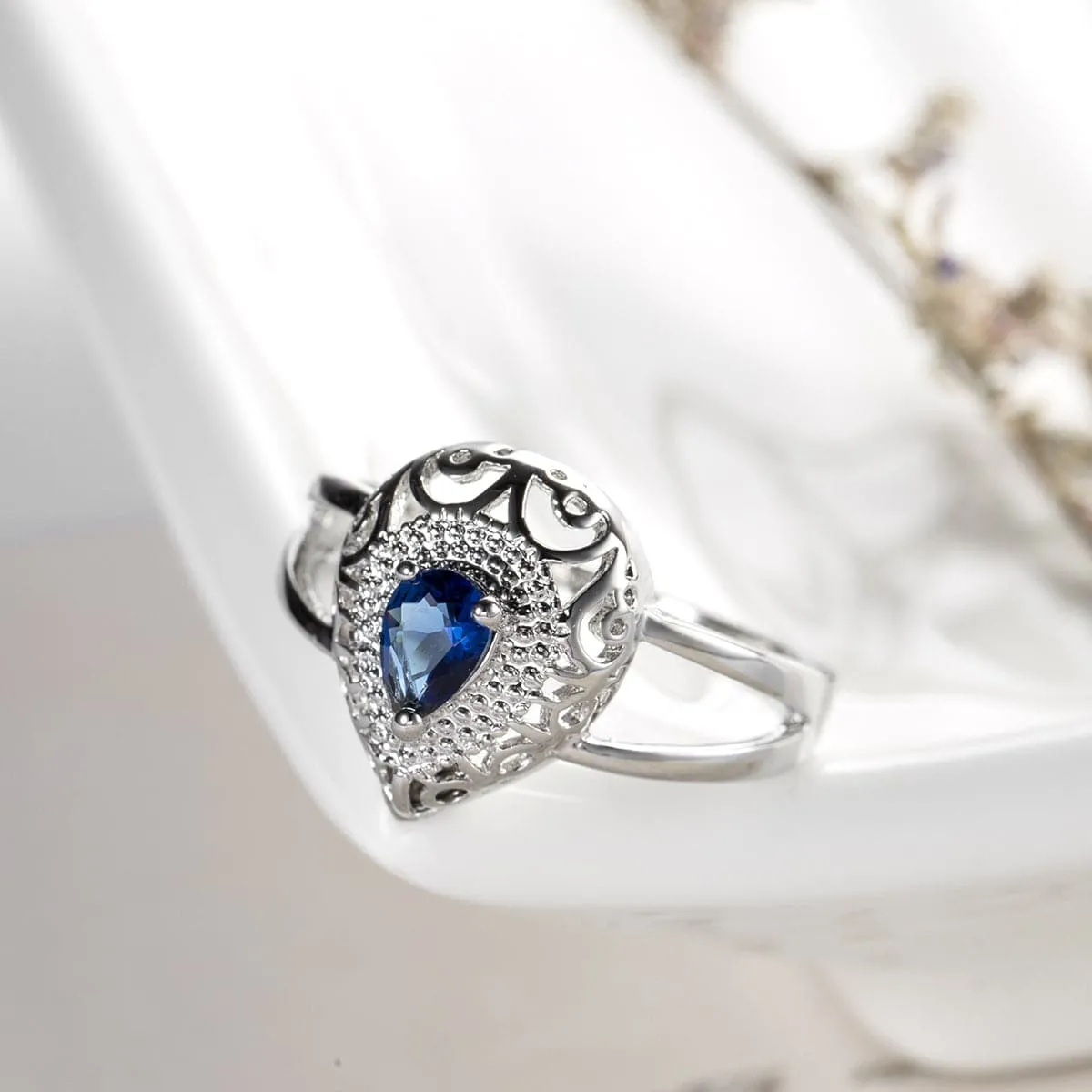 Navy Crystal & Silver-Plated Pear Ring