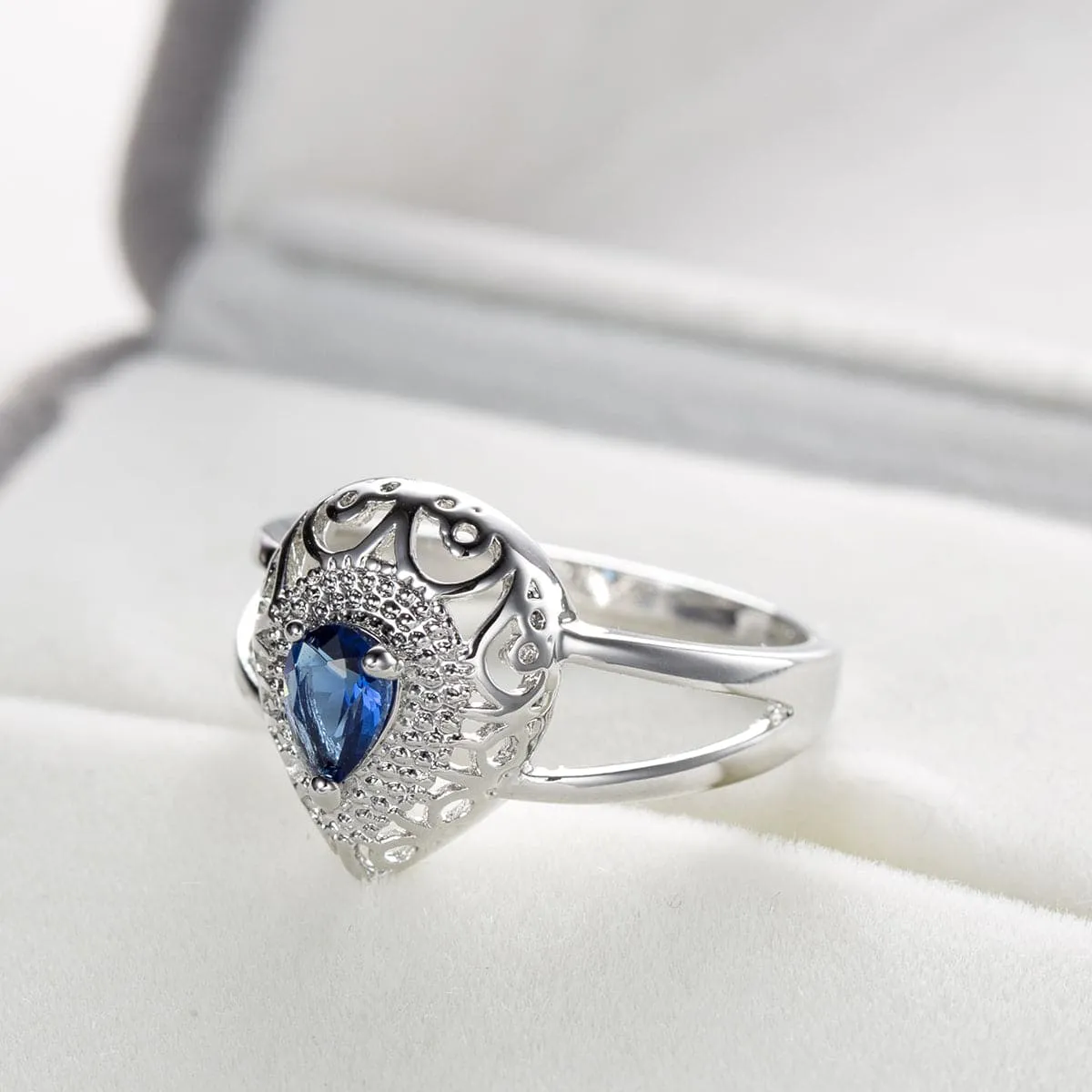 Navy Crystal & Silver-Plated Pear Ring