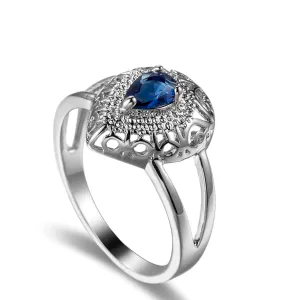 Navy Crystal & Silver-Plated Pear Ring
