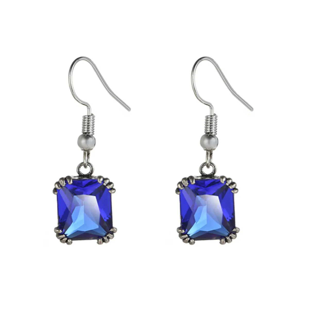 Navy Crystal & Silver-Plated Princess-Cut Drop Earrings