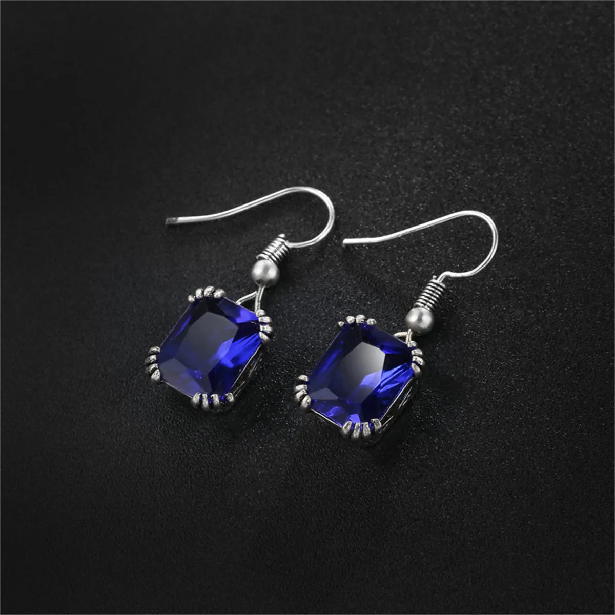Navy Crystal & Silver-Plated Princess-Cut Drop Earrings