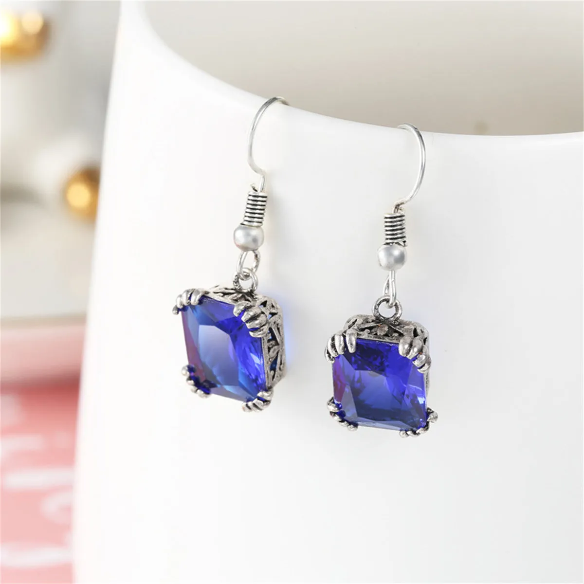 Navy Crystal & Silver-Plated Princess-Cut Drop Earrings