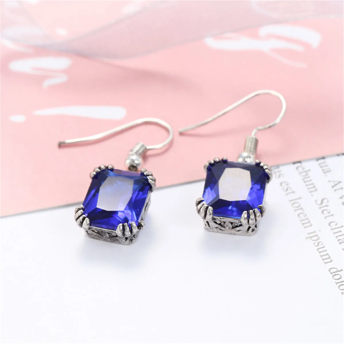 Navy Crystal & Silver-Plated Princess-Cut Drop Earrings