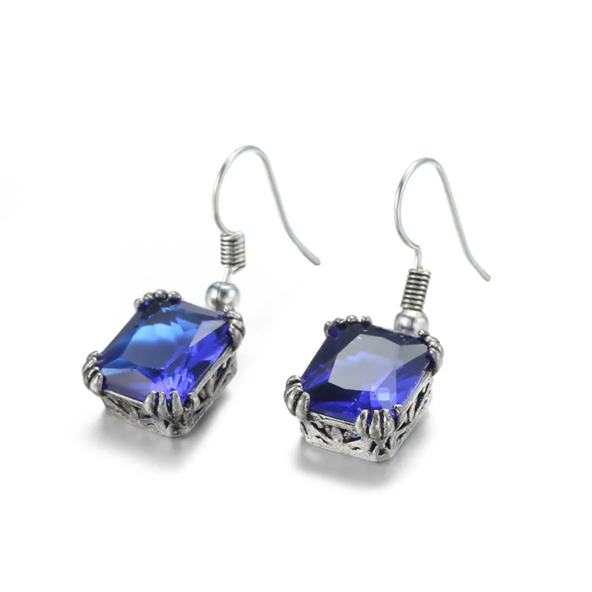 Navy Crystal & Silver-Plated Princess-Cut Drop Earrings