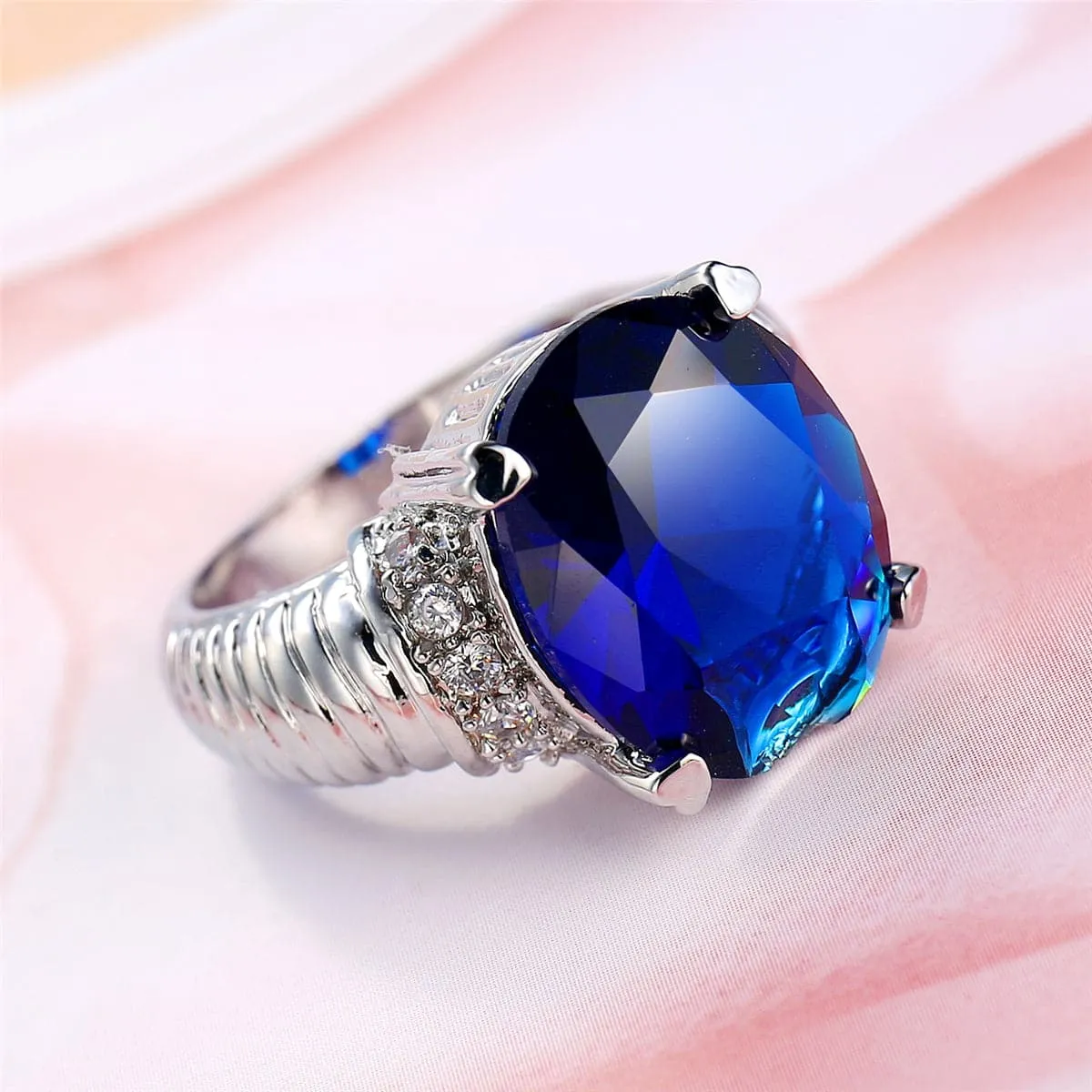 Navy Crystal & Silver-Plated Round Ring