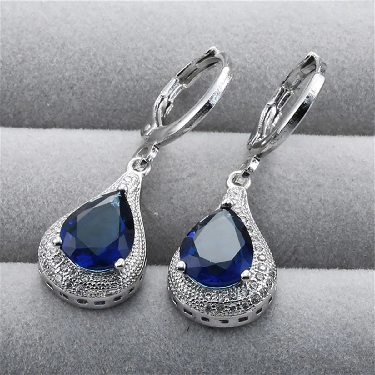 Navy Crystal & Silver-Plated Teardrop Earrings