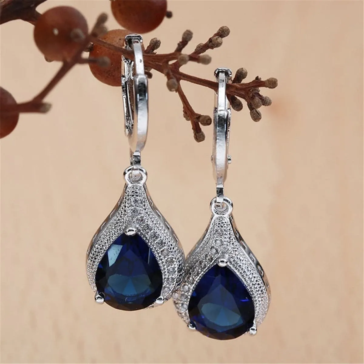 Navy Crystal & Silver-Plated Teardrop Earrings