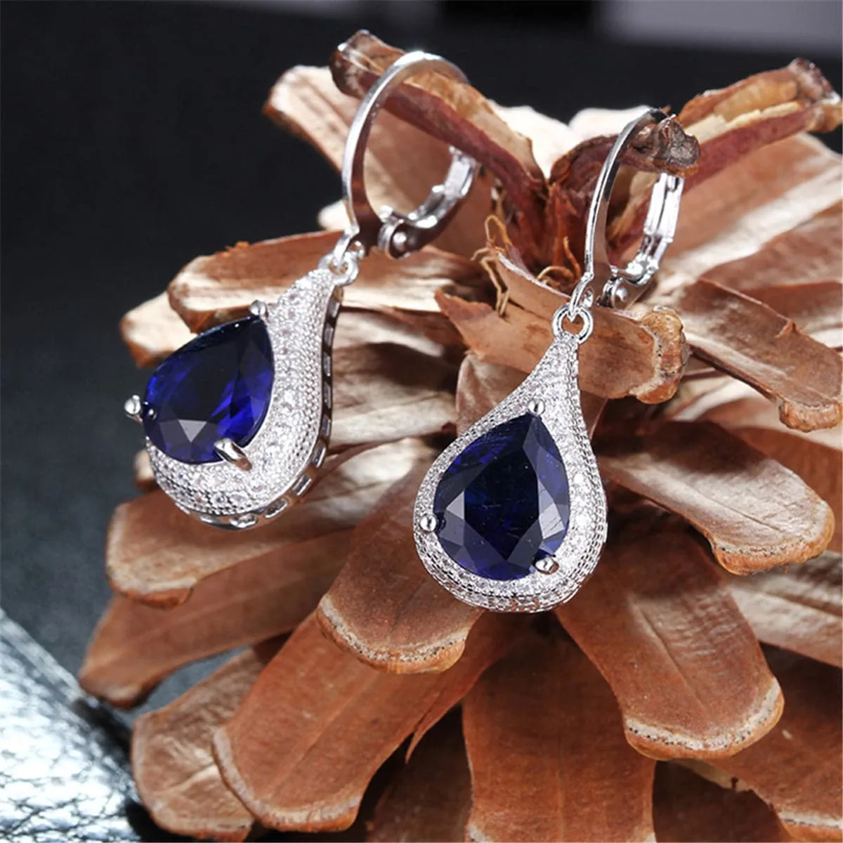 Navy Crystal & Silver-Plated Teardrop Earrings