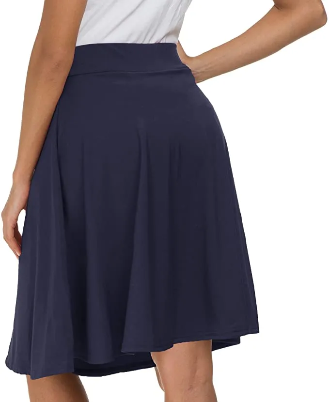 New Afibi Women's Stretch Waist A-line Flared Midi Full Skater Skirt with Pocket, Navy! Sz S!