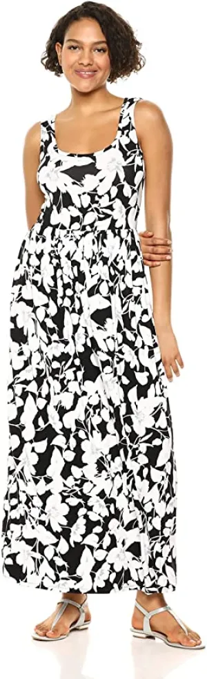 New Amazon Essentials Women's Tank Waisted Maxi Dress in Black & White Floral, Sz XL!