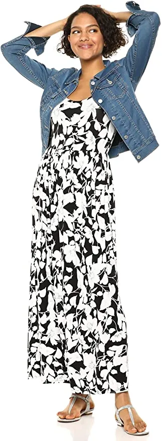 New Amazon Essentials Women's Tank Waisted Maxi Dress in Black & White Floral, Sz XL!