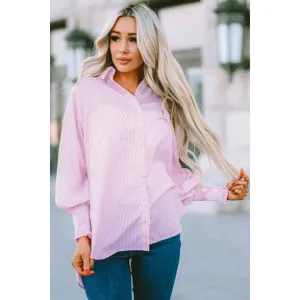 New POGLIP Women's Pink Smocked Cuffed Striped Boyfriend Shirt with Pocket, Pink, Sz XXL