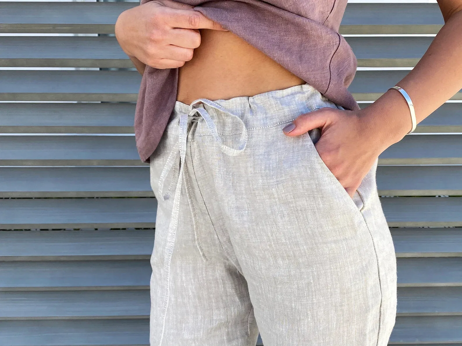 NEW Women's Drawstring Slim Fit Natural Linen Pant with Pockets Lightweight Breathable - Color: Khaki - Size M - Retails $72