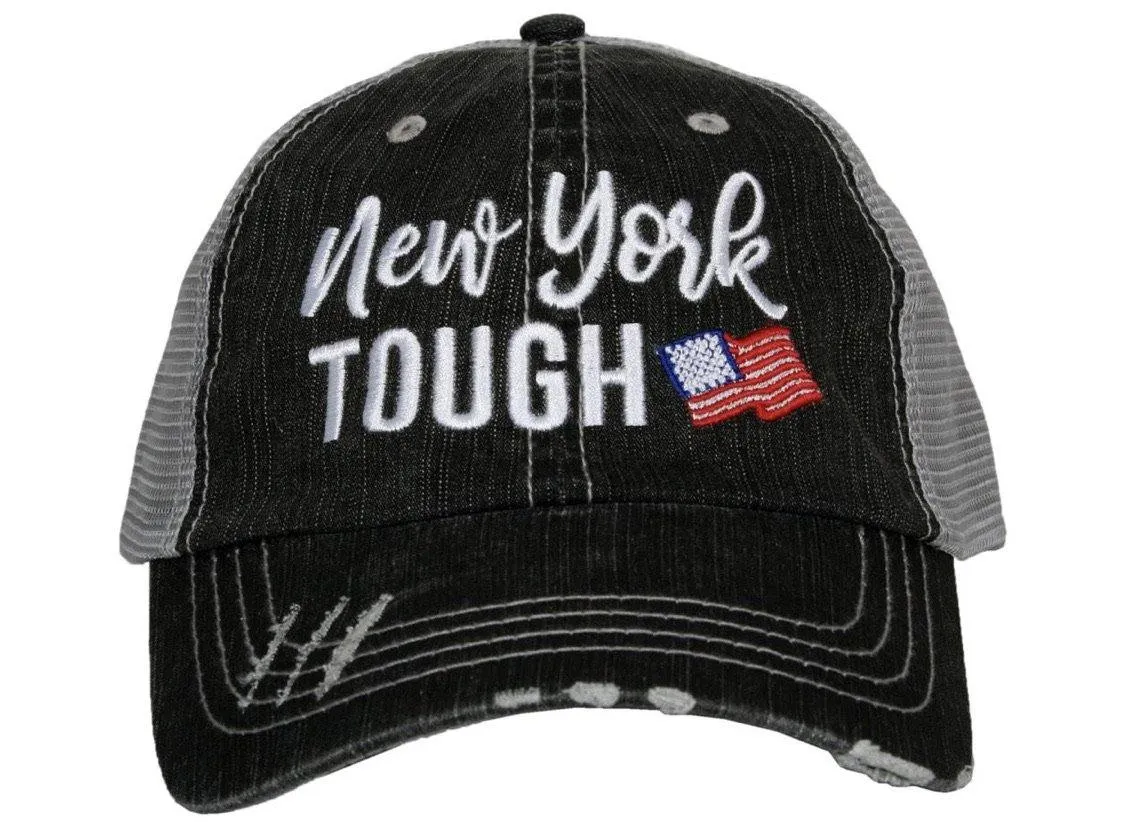 New York hats | New York Strong ~ New York Tough ~ Embroidered ~ Distressed trucker cap