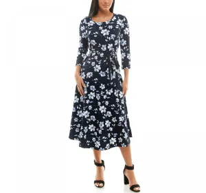 Nina Leonard Women's Sylvia Print Midi Dress L5513EF Navy Blue Floral XL