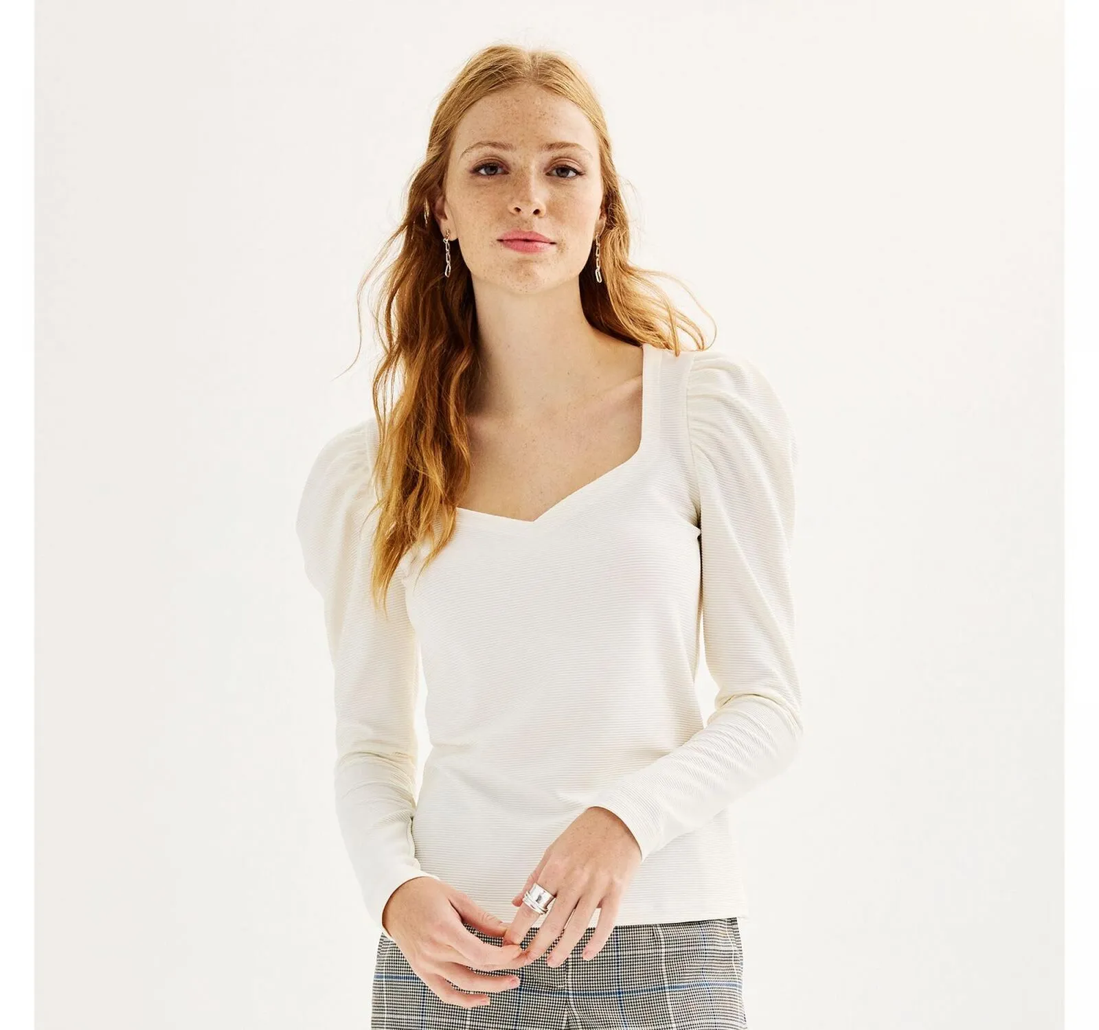 Nine West Women's Sweetheart Neckline Gathered Sleeve Top Daisy Dew Ivory S