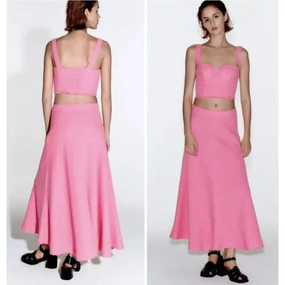 NWT ZARA Pink Tweed Flounce Feminine A-Line Maxi Long Skirt Women's Size XL