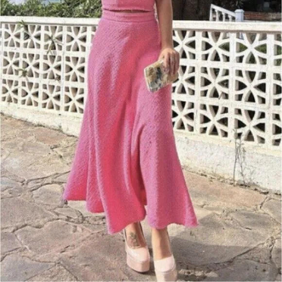 NWT ZARA Pink Tweed Flounce Feminine A-Line Maxi Long Skirt Women's Size XL