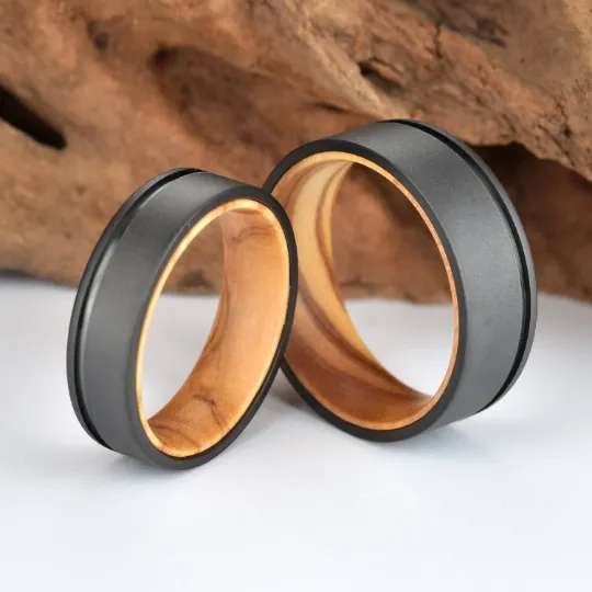 Olive Wood Black Titanium Women's Wedding Band 4MM