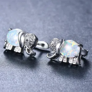 Opal & Cubic Zirconia Elephant Stud Earrings