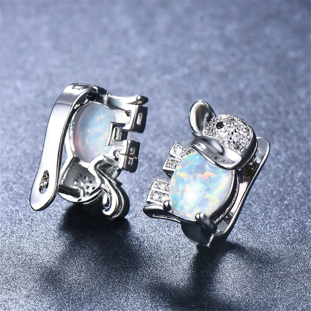 Opal & Cubic Zirconia Elephant Stud Earrings