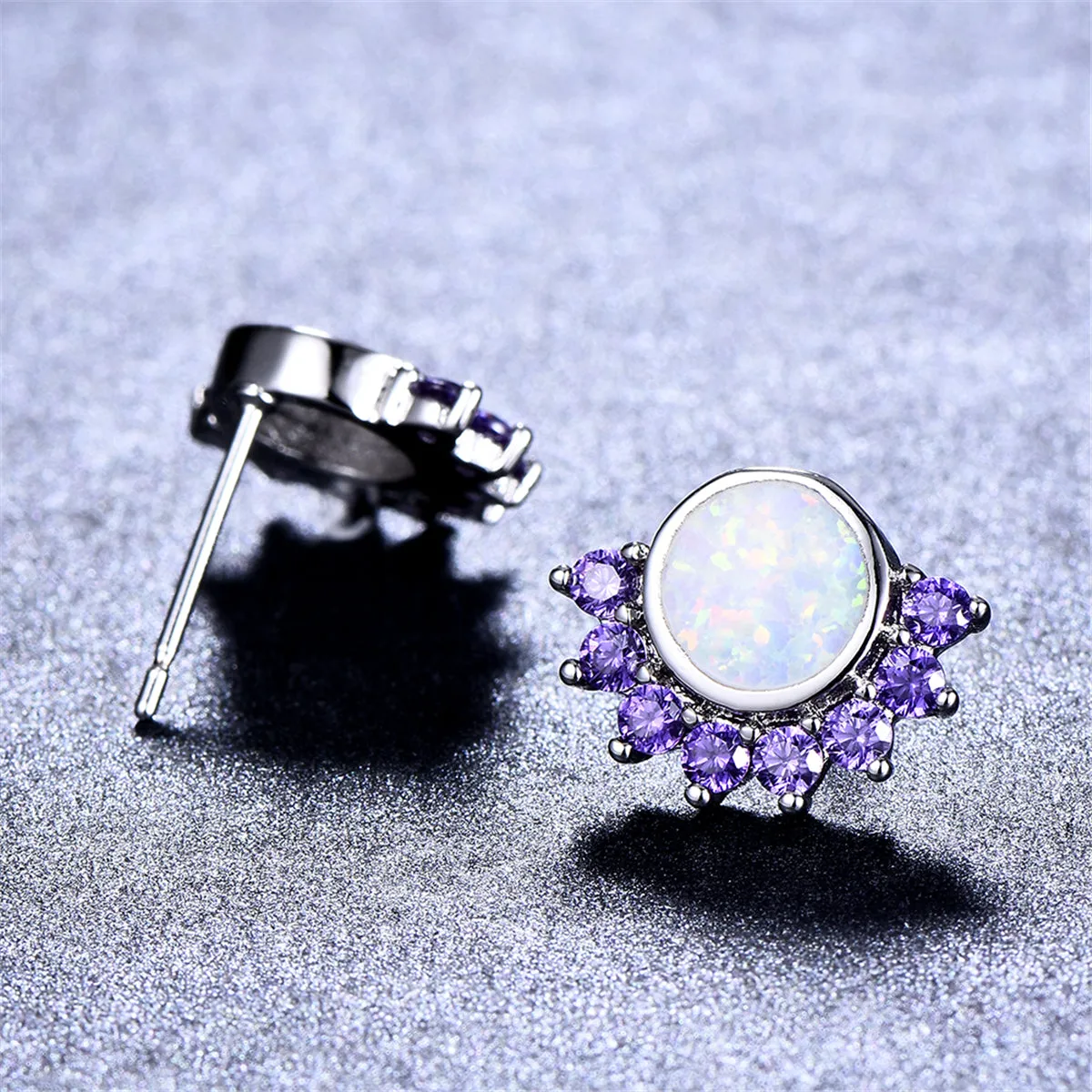Opal & Purple Cubic Zirconia Half-Halo Stud Earrings