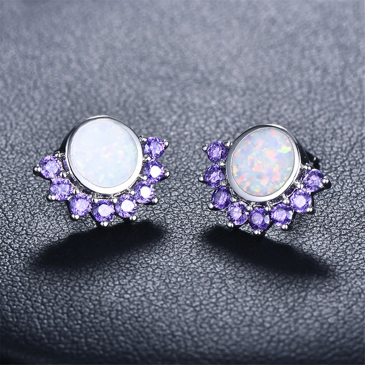 Opal & Purple Cubic Zirconia Half-Halo Stud Earrings