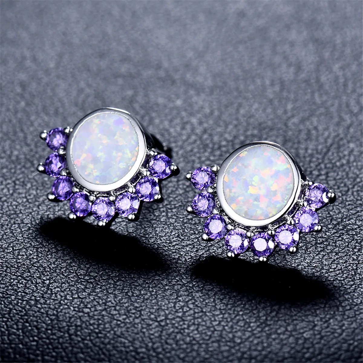 Opal & Purple Cubic Zirconia Half-Halo Stud Earrings