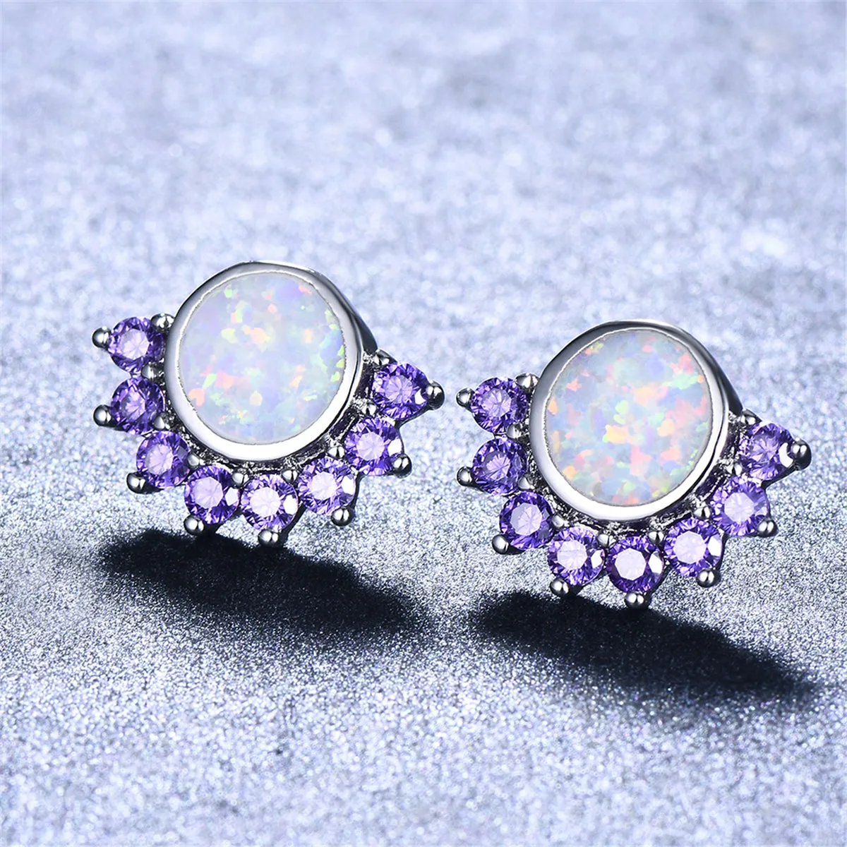 Opal & Purple Cubic Zirconia Half-Halo Stud Earrings